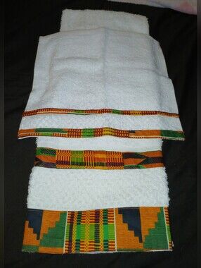 NWT Handcrafted White Bath Towel Set with Kente Trim.